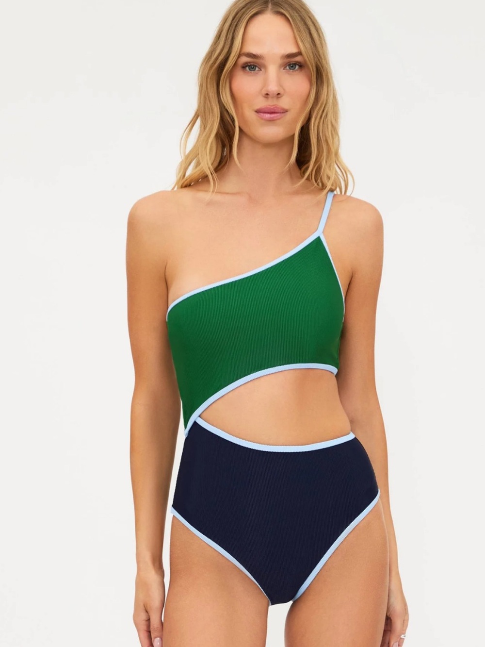 NWOT Beach Riot Green and Navy One-Shoulder Cutout One-Piece